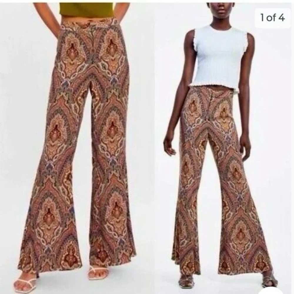 Zara Boho Flare Pants Paisley Print 70s Style Size M